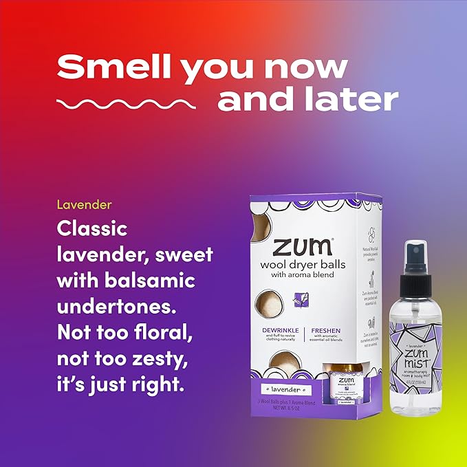 Zum Wool Dryer Balls Kit Plus Zum Mist - 3 Wool Balls with Essential Oil Blend & Room & Body Mist - Lavender