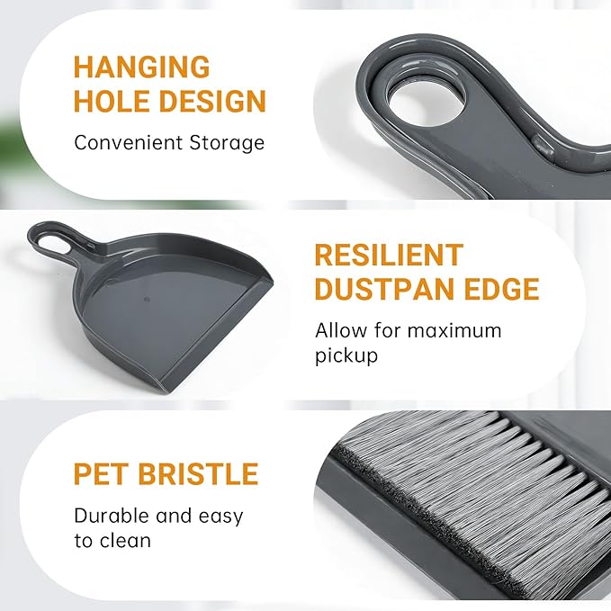 THINKLEARN 2PCS Small Dust Pan and Brush Set, Mini Broom and Dustpan Set, Compact and Hand Broom Combo Set for Cleaning, Dark Gray
