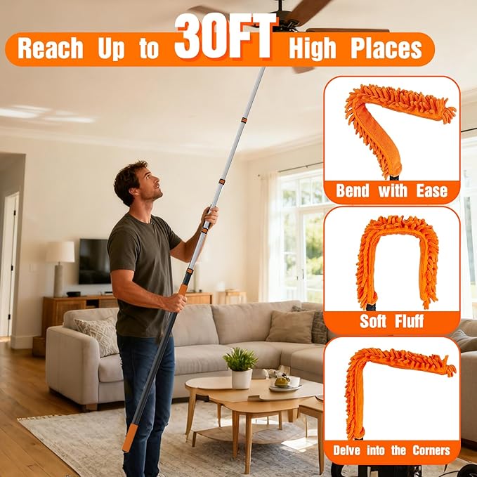 30FT Reach High Ceiling Duster Kit, Window Cleaning kit with 5-24FT Extension Pole, Fan Duster for Ceiling Fan Blades, Microfiber Feather Duster, Rotatable Window Squeegee and Cobweb Duster