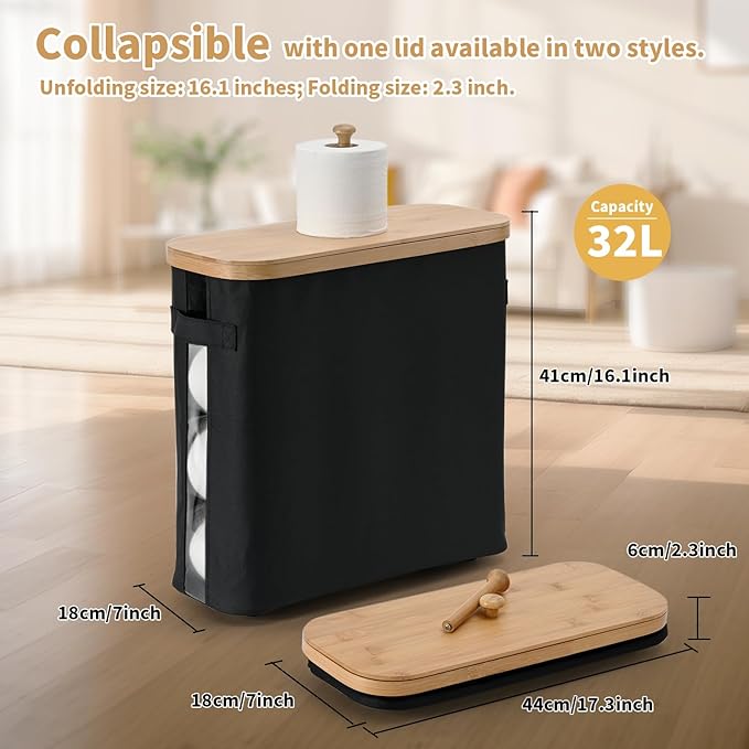 32L Bathroom Toilet Paper Storage Basket with Lid and Handle - Mega Capacity， Bamboo Collapsible Toilet Paper Holder Storage with Non-Slip Bottom, Extra Toilet Roll Storage, Starry Black，1 Pack