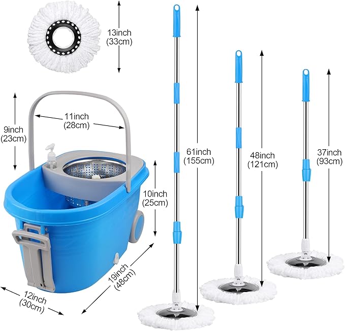 Spin Mop and Bucket with Wringer Set, 3 Washable Microfiber Pads Included for Floor Cleaning, Adjustable Stainless Steel Handle, Easy Moving with Wheels, Blue