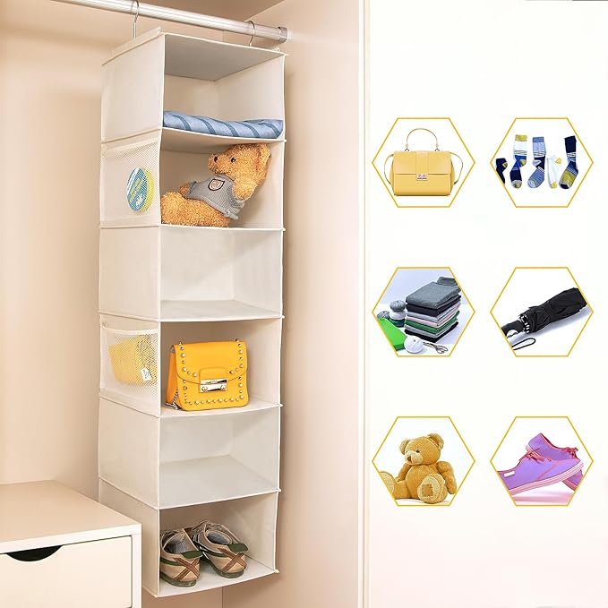 BrilliantJo 6 Shelves Hanging Closet Organizer, 2 Pack Hanging Storage with 4 Side Pockets for Clothes Shoes, 43.5"x12"x12"(Beige)