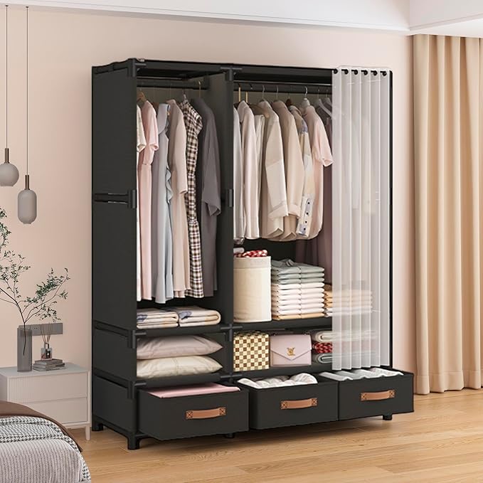 Portable Closet,Portable Closets for Hanging Clothes,Japanese Style Wardrobe Clothing Rack with 3 Drawers,1 Hanging Rods and 2 Storage Shelves,43.3" L x 17.7" W x 65.1" H,Black