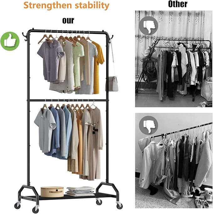 Wiracks Clothes Rack Double Hanging Clothes Rack Clothing Rack Garment Rack 130LBS Capacity 34.5" W X15.8 D X 79" H Rolling Clothes Racks for Hanging Cothes with Bottom Shelf