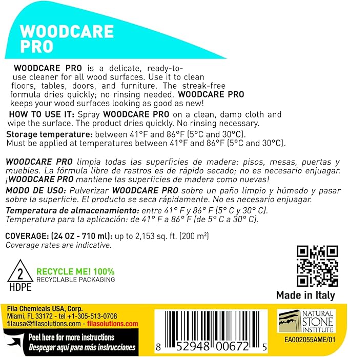 FILA Surface Care Solutions, WOODCARE PRO, Wood Cleaner for All Wood Floors and Surfaces, Suitable as Wood Floor Cleaner Spray, Wood Furniture Cleaner, Dries Fast, Does not Damage Wood Kitchen, 24oz