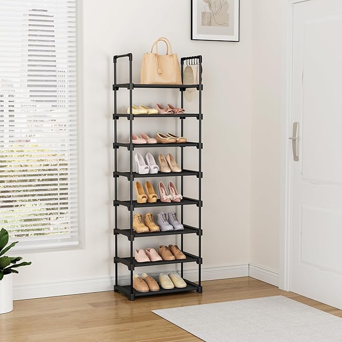 LANTEFUL Tall Shoe Rack 8 Tiers, 16-20 Pairs Shoe and Boots Organizer Storage Sturdy Shoe Shelf, Narrow Vertical Shoe Rack for Entryway, Closet, Metal Shoe Organizer with 5 Hooks