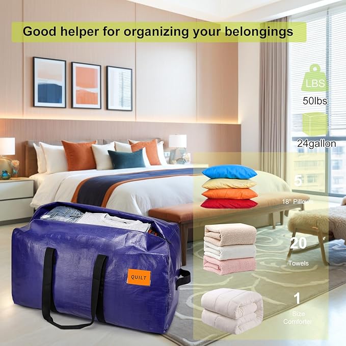 6 Pack Moving Bags Heavy Duty, Extra Large Storage Totes Bag with Zippers and Sturdy Handles, Packing Bags for Moving, Storage, Travel, Space Saving, Moving Boxes College Essentials Blue