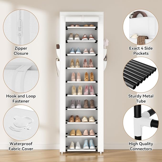 ROJASOP Shoe Rack with Covers 10 Tier Large Shoe Organizer Tall Shoe Closet Storage for 20-22 Pairs Shoe and Boot, Free Standing Shoe Rack Organizer for Closet, Entryway, Bedroom, White