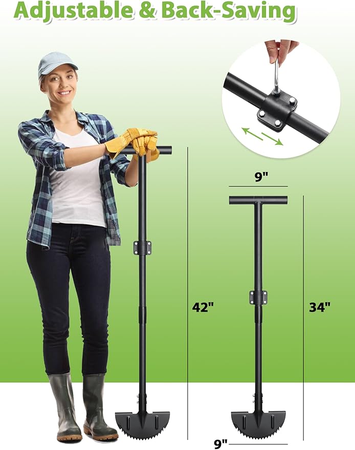 Garden Edger Lawn Tool, Half Moon Edging Shovel for Landscaping Yard, Manual Grass Edger with 34"-42" Adjustable Long Handle, Sharp Saw Tooth Blade, T Grip, Stand Up Garden Tools for Sidewalk, Borders