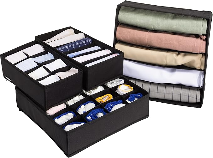 Navaris Storage Boxes - Efficient Small Dresser Drawer Insert Organizer for Clothes - Dividers for Underwear Socks Ties Scarves - Foldable Space-Saving Organizers - Set of 4 Black