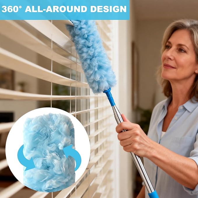 100 Inch Extended Handle Duster Heavy Duty Dusting 360° Duster Refills Kit, Microfibers Multi-Surface Dusters. Efficient Duster Kit for Cleaning Pet Hair, Home, Office, Blinds, Furniture (Blue)