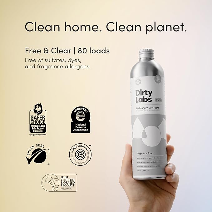 Dirty Labs | Scent Free | Bio Enzyme Liquid Laundry Detergent | 80 Loads (21.6 fl oz) | Hyper-Concentrated | High Efficiency & Standard Machine Washing | Nontoxic, Biodegradable | Stain & Odor Removal