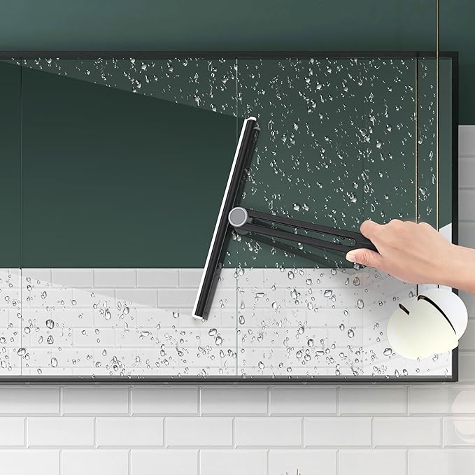 NEWE Shower Squeegee 2 Packs for Glass Doors, All-Purpose 360° Rotating Black Silicone Scraper Cleaner Tool for Tile, Walls, Mirror, Car Window, Countertop, Bathroom, 11 Inches