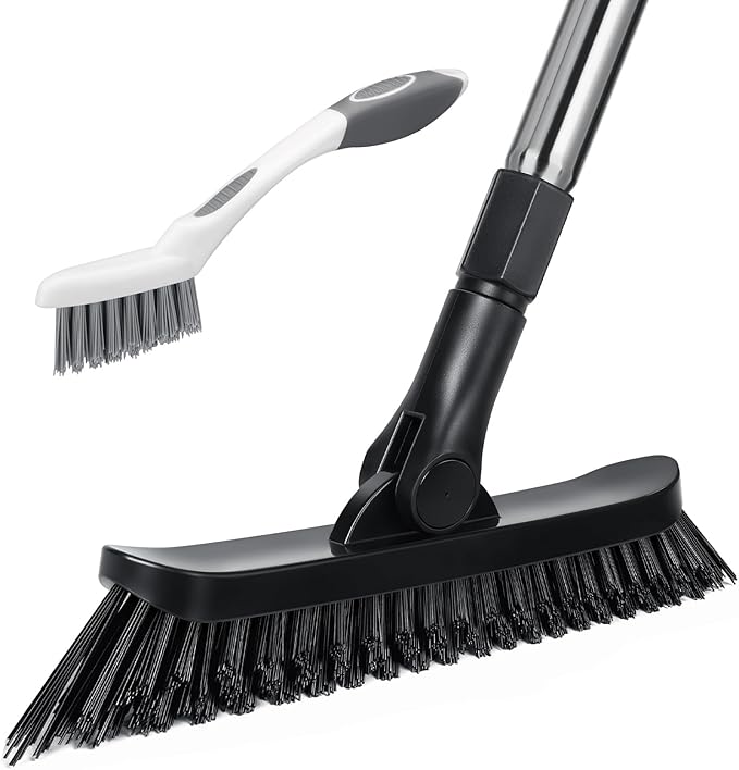Qaestfy Grout Brush with Long Handle for Cleaning, Stiff Bristles Handheld Tile Scrub Brush, V-Shape Crevice Cleaning Brush for Floor Deep Cleaning