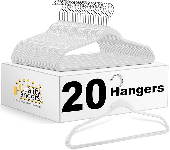 Quality Hangers 20 Pack Non-Velvet Plastic Hangers for Clothes - Heavy Duty Coat Hanger Set - Space-Saving Closet with Chrome Swivel Hook, Functional Non-Flocked Hangers - Cream White