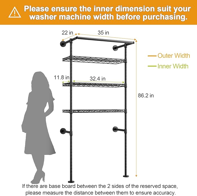 ULIFHOME U17 Wall-Mounted Over Washer and Dryer Storage Shelves, Without Moving Washer or Dryer Laundry Room Storage Rack with Hanger Rod, 35" W x 22" D x 86.2" H, Holds 352 lbs, Black