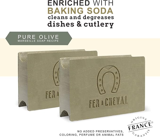 Fer à Cheval Marseille Dishwashing Soap, Olive Oil Based, Made in France - Bar Dish Soap, 225 g/7.94 oz, 2 Pack