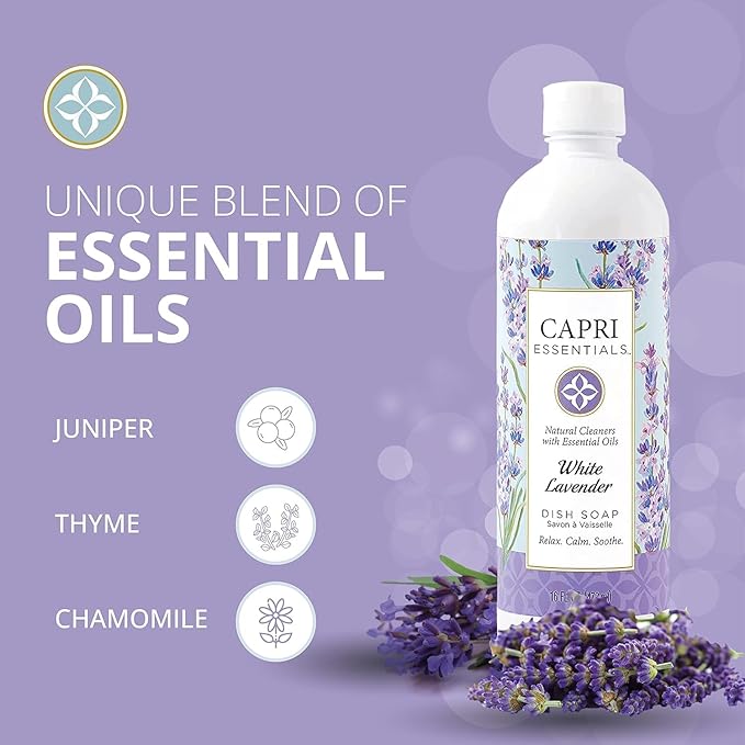 CAPRI ESSENTIALS Dish Soap Liquid, Natural Household Cleaning, Plant Based Aromatic Dish Detergent, Blend of Essential Oils with Juniper & Chamomile, White Lavender, 16 FL Oz (6 Pack)