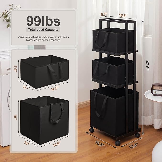 Homde Laundry Basket 3 Tier Bamboo Storage Shelf with Wheels Removable Storage Basket with Handle Freestanding Clothes Hamper Organizer for Bathroom Living Room Bedroom (Black)
