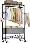 Heavy Duty Clothes Rack Rolling Garment Rack,3 Tier Adjustable Wire Shelving Clothing Racks for Hanging Clothes with Double Rods&Side Hooks,Freestanding Wardrobe Storage Rack Metal Portable Closet