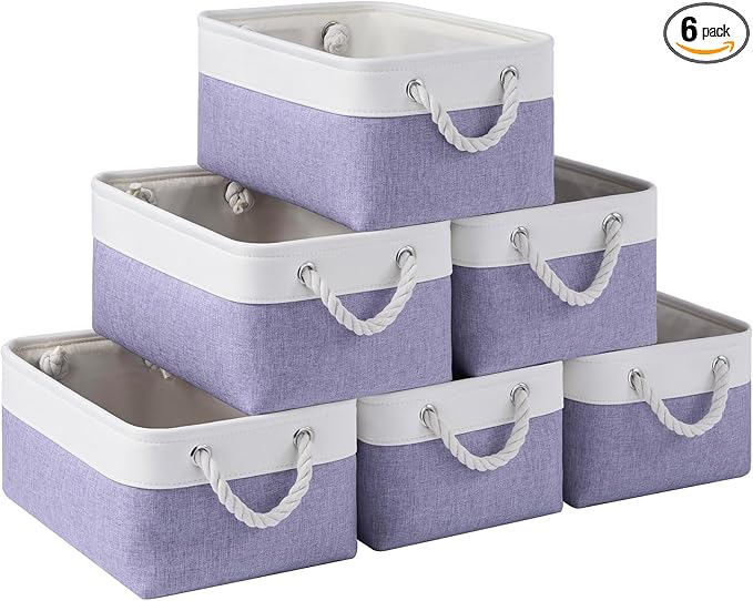 Storage Baskets for Shelves 13.8x9.8x6.7 Inch-Foldable Fabric Organizing Storage Bins with Handles, Closet & Bathroom Organizer, Home Storage for Kitchen, Office (6-Pack, White&Purple)