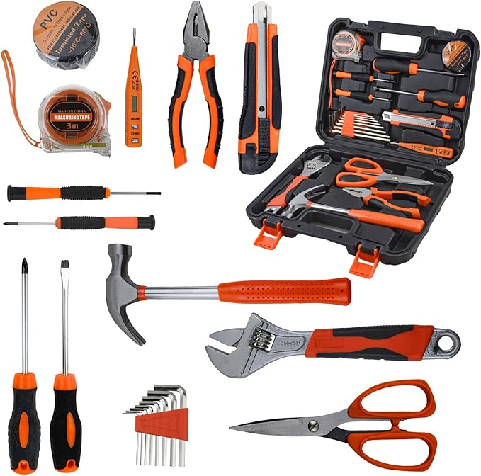 20 Piece Orange Home Tool Set, Home Repair Tool Kit for Men Women, and College Students, Comes With A Portable Storage Box and Can be Used for Small Home Repairs and Outdoor Work