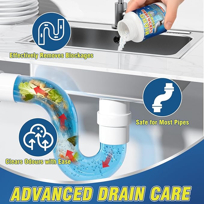Drain Cleaner Powder, Powerful Drain Clog Remover, Sink and Drains cleaner to Dissolve Clogs, Drains Opener Removes Hair, Grease, Soap Scum and Food Residue, Safe for Pipes and Septic Systems
