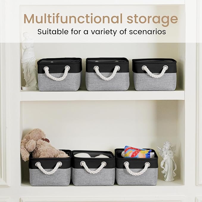Storage Baskets for Shelves 11.8x7.9x5.2 Inch-Foldable Fabric Organizing Storage Bins with Handles, Closet & Bathroom Organizer, Home Storage for Kitchen, Office (6-Pack, Black&Gray)