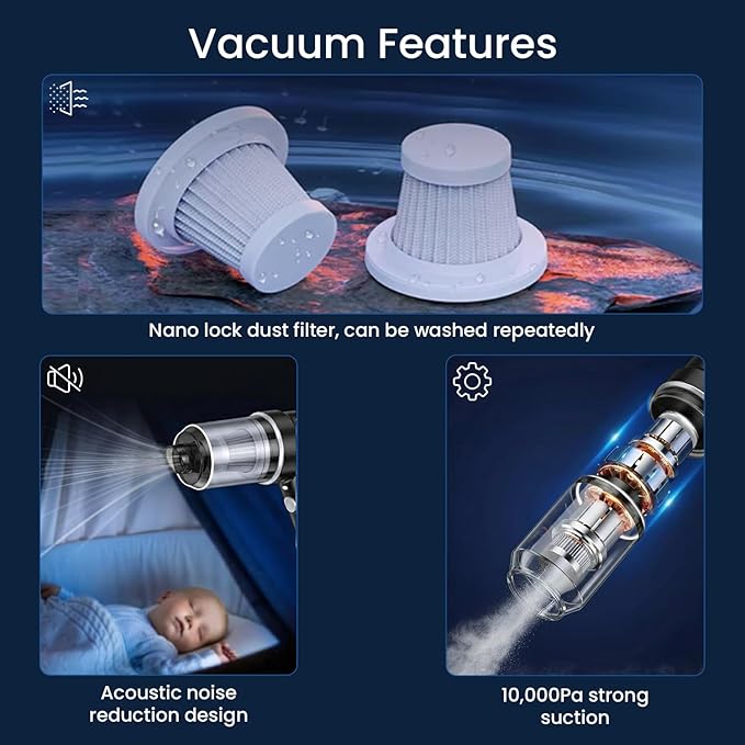 VIMALIFE 10000Pa Cordless Car Vacuum Cleaner & Air Duster, Powerful Handheld Auto Vacuum, 42000RPM Motor, LED Light, Type-C Fast Charge, Washable Filter, 5 Multi-Nozzles for Home, Car, Pet Hair, Black