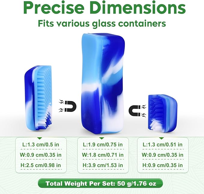 Magnetic Glass Cleaner Kit - Reusable Pipe Cleaning Tool Deep Cleans Hard-to-Reach Stains Two Silicone Brush with Handle Design Versatile for Glassware, Ceramic Surfaces, Blue