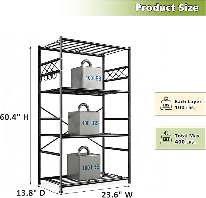 DurayLoly Storage Shelves 4 Tier Shelf Organizer,Metaling Shelving with Hooks,Heavy Duty Garage Shelves Unit with Leveling Feet,Wire Shelving for Pantry,Kitchen and Closet,23.6" W x 13.8" D x 60.4" H