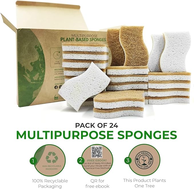 Natural Kitchen Sponges (24 Pack) - Biodegradable Cellulose & Coconut Scrubber Dish Sponges for Kitchen - Eco-Friendly, Non Scratch, Compostable, Non Toxic S-Shaped Natural Sponges for Dishes
