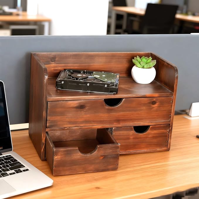 Vintage Rustic Brown Wooden 3 Drawer with Shelf Office Desk Organizer & Mail Rack For Desktop,Box for Office Home makeup holder Toiletries Supplies Vanity, No Assembly Required (Brown)