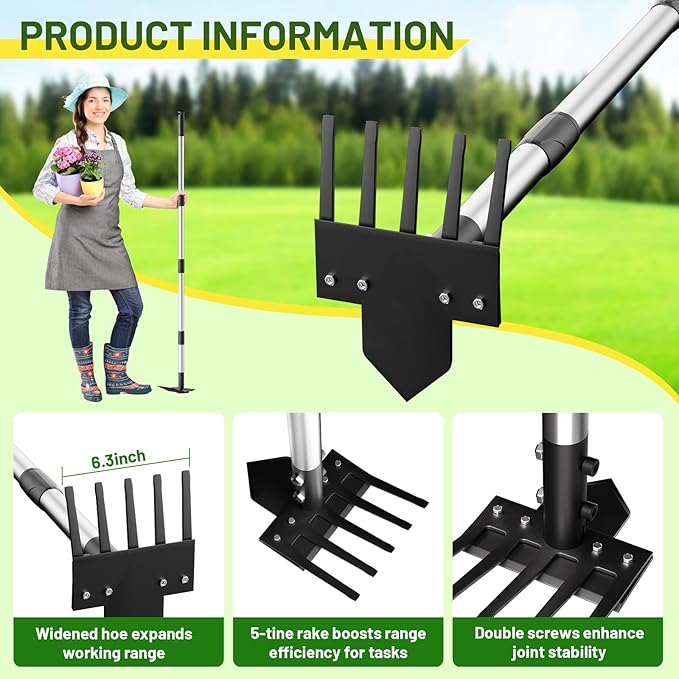2-in-1 Heavy-Duty Weed Puller Tool with 5-Tine Rake – 30" to 60" Adjustable Handle, Hoes for Gardening, Hoe Garden Tools for Loosening Soil, Planting, Weeding