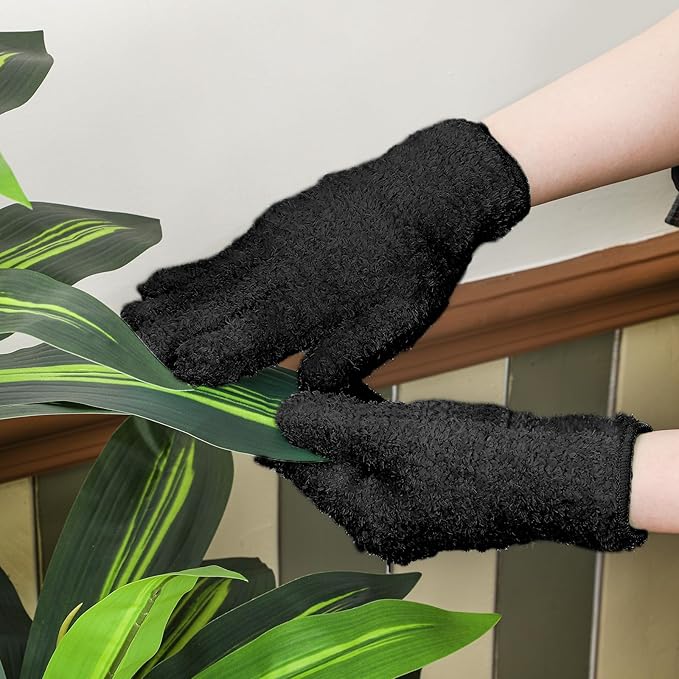 Patelai 3 Pairs Microfiber Plant Dusting Gloves Leaf Cleaning Gloves for Indoor Plants, Blinds, Furniture, House (Black,Small)