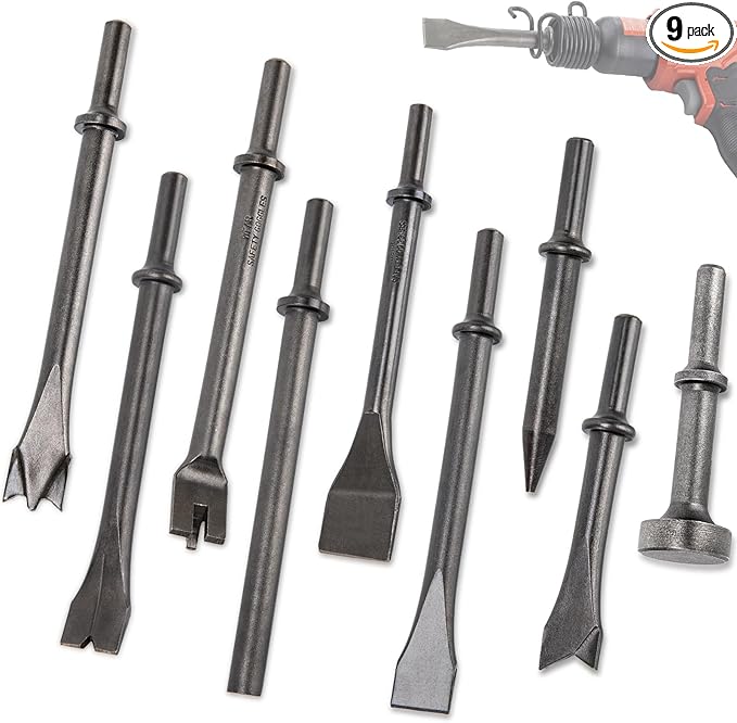 Air Hammer Bits Set - 9pcs Pneumatic Hammer Chisel Bits, Air Chisel Bits, Air Hammer Punch Chipping Bits Set, Air Hammer Atachments for Tile Masonry Concrete Stone Demolition, Rust Removal, Drilling