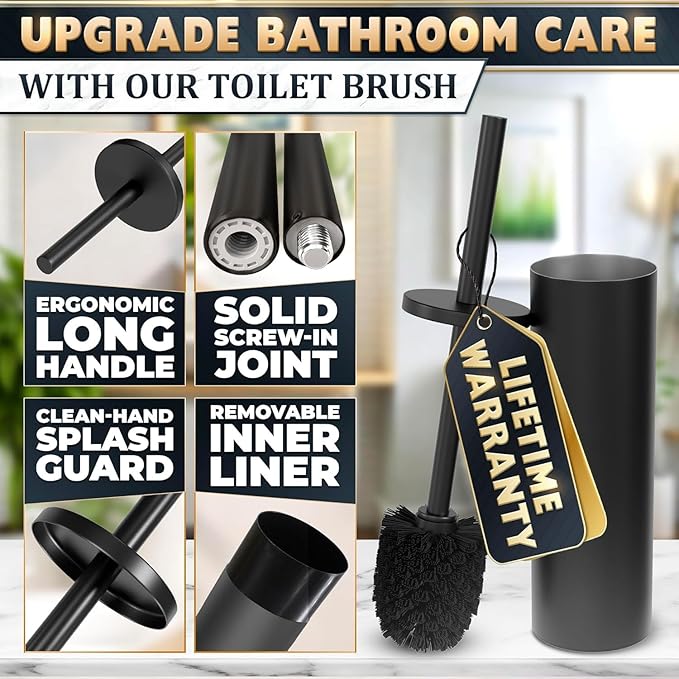 2 PCS Black Toilet Brush and Holder Set - Scratch Resistant Black Toilet Bowl Brush and Holder with Soft Bristles Replaceable Head, Protection from Splashes, and Compact Design - for Cleaning