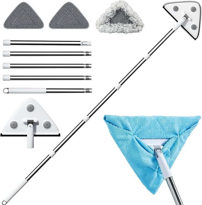 CTIME 78'' 3 in1 Professional Window Squeegee & Wall Mop : Window Cleaning Kit with 360° Rotating Triangular Head & Universal Cloth Slots (Includes 3 Reusable Pads)