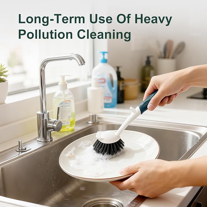 Dish Brush, 2 Pack with Comfortable Handle, with Built-in Scraper, Scrub Brush with Medium Firm bristles for Cleaning Dishes, Sink, Pots(Green)