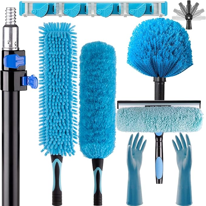 20 Foot High Reach Ceiling Fan Duster with 5-12ft Heavy Duty Extension Pole, Microfiber Feather, Cobweb Duster, Window Squeegee Kit, Cleaning Gloves