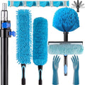 20 Foot High Reach Ceiling Fan Duster with 5-12ft Heavy Duty Extension Pole, Microfiber Feather, Cobweb Duster, Window Squeegee Kit, Cleaning Gloves