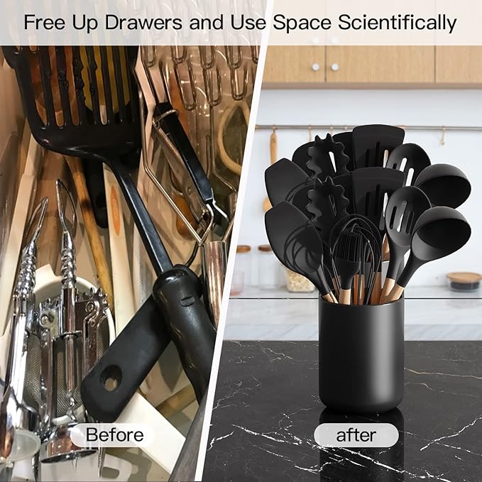 Black Kitchen Utensil Holder for Countertop, Matte Ceramic Cooking Utensil Crock for Counter Easy to Clean, Modern Spatula Holder for Farmhouse Décor 4.5×6.4 INCH