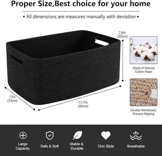 Large Storage Basket for Organizing, Woven Rope Basket for Shelves, Closet Organizer Bins for Clothes, Blanket, Toys, Baby Nursery Storage, 17.7" x 13" x 7.87", 2 Packs Black
