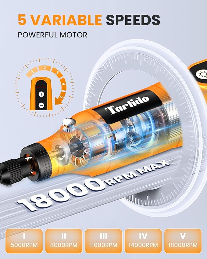 Cordless Rotary Tool Kit, 3.7V 2.0Ah Rechargeable Battery, 18000RPM 5-Speed Multi Power Carving Tools, 31Pcs Accessories, Engraving, Sanding, Grinding, Polishing, Carving, Etching, DIY-Orange