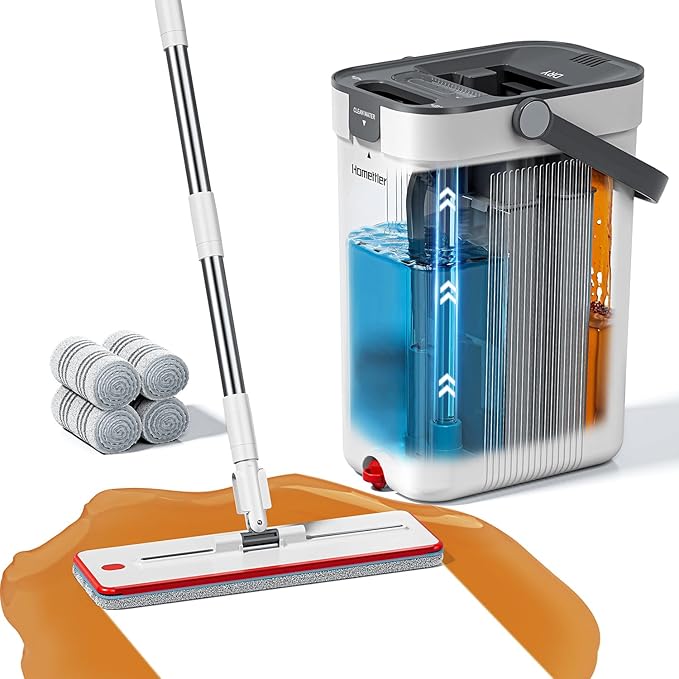 Mop and Bucket Set, 3-Tank Flat Mop and Bucket System for Separate Dirty & Clean Water, 65" Mops for Floor Cleaning with 4 Washable Pads, Safe for Hardwood, Vinyl, Tile, Baseboards, Walls