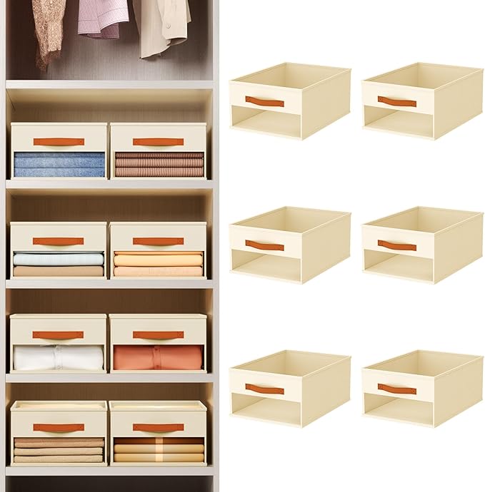 Homsorout Drawer Organizers and Storage - 6 Pack Foldable Pants Organizer with Clear Window & Handles, Fabric Closet Organizer for Clothes, Jeans, Sweaters, Towels, T-shirt, Scarf (Beige)