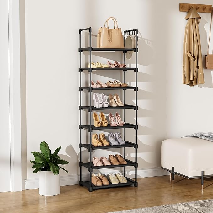 LANTEFUL Tall Shoe Rack 8 Tiers, 16-20 Pairs Shoe and Boots Organizer Storage Sturdy Shoe Shelf, Narrow Vertical Shoe Rack for Entryway, Closet, Metal Shoe Organizer with 5 Hooks