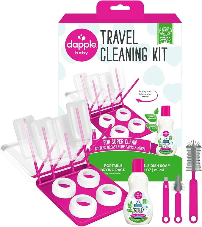 Dapple Travel Cleaning Kit with Bottle & Dish Soap, Drying Rack, Silicone Brush