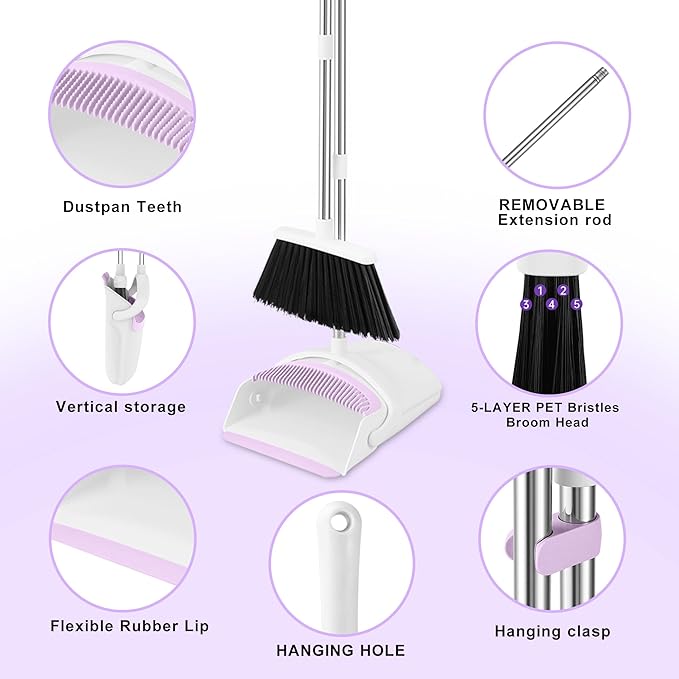 Broom with Dustpan Combo Set for Home 54-in Long Adjustable Handle Angle Broom and Dustpan Set with Dustpan Comb Teeth for Sweeping Pet Hair Food Dirt Kitchen