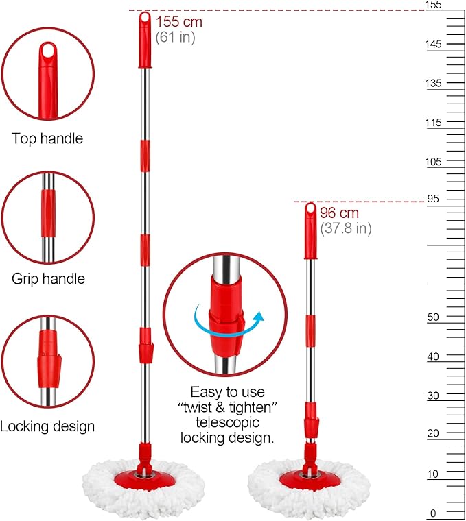 Spin Mop and Bucket with Wringer Set, 360° Spinning Mop Bucket System with 3 Microfiber Mop Replacement Heads, Adjustable Handle for Floor Cleaning (red)